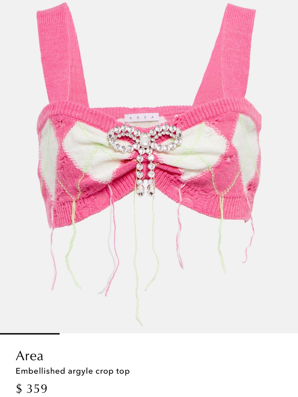 AREA Pink Argyle Embellished Crop Top with Crystal Bow